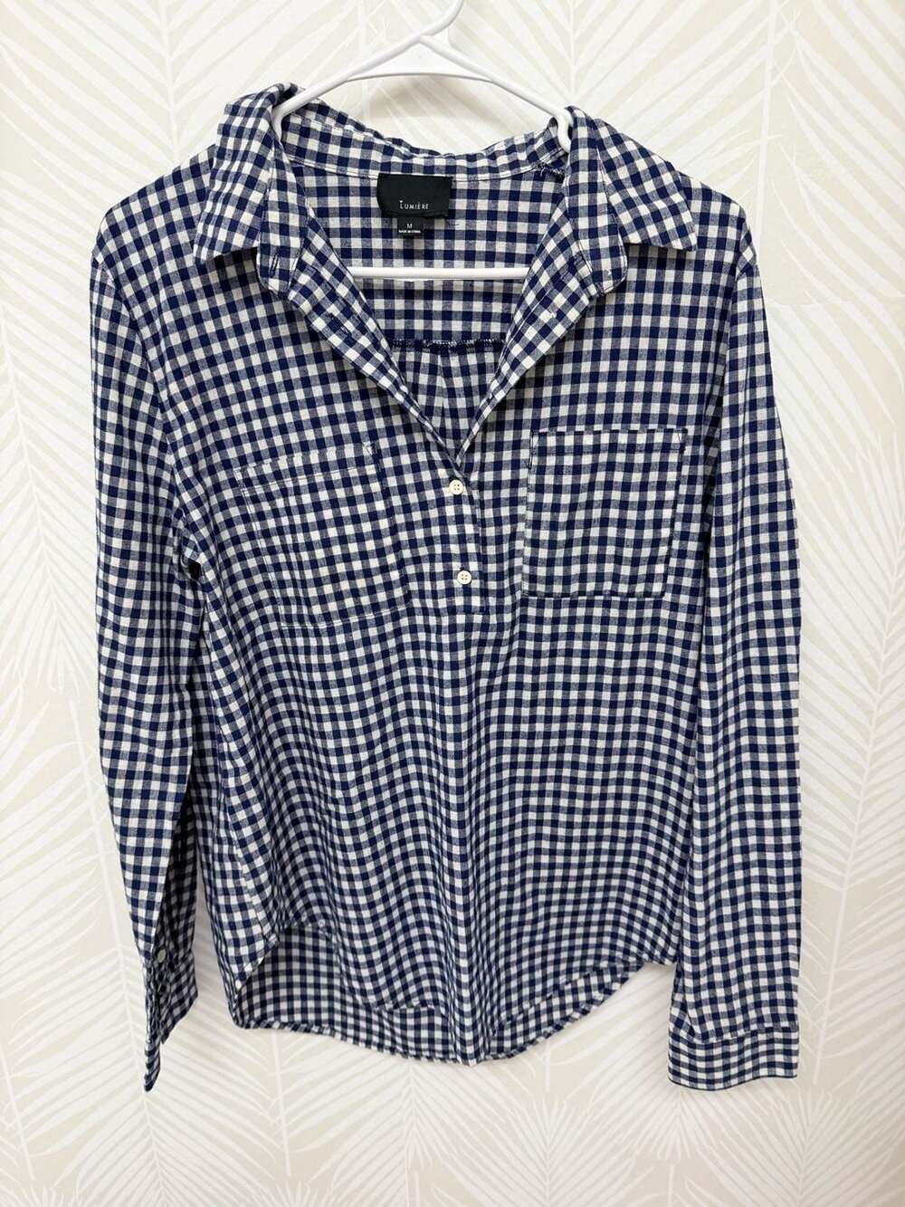 Lumière Women's Navy and White Gingham Check Long Sleeve Button-Up Shirt